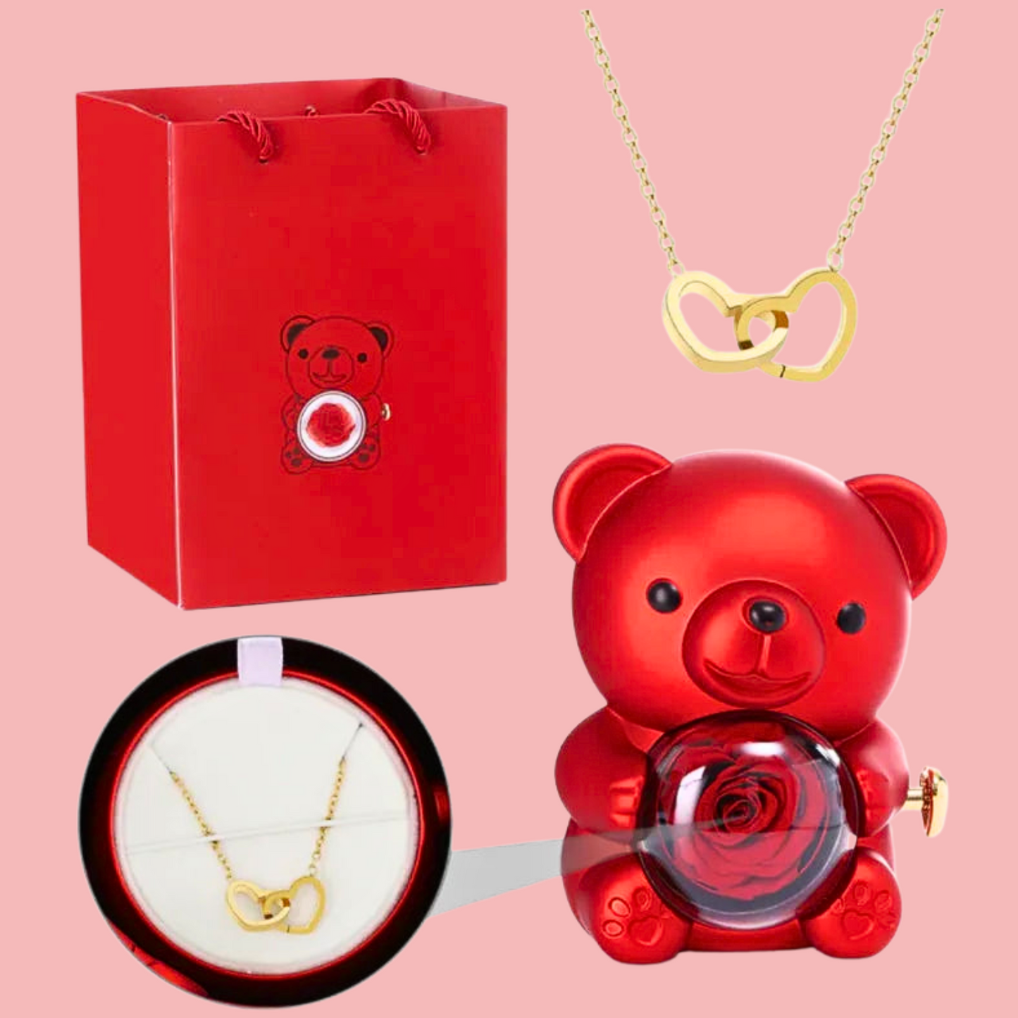 Forever Rose Bear W/Promise Heart Necklace