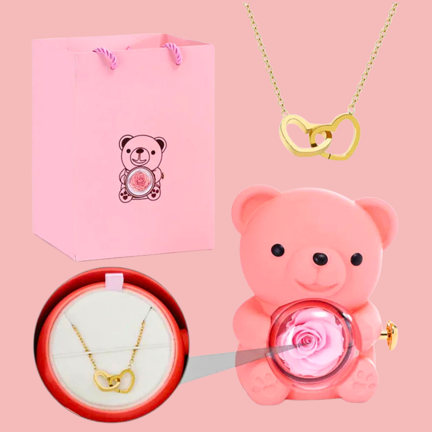 Forever Rose Bear W/Promise Heart Necklace