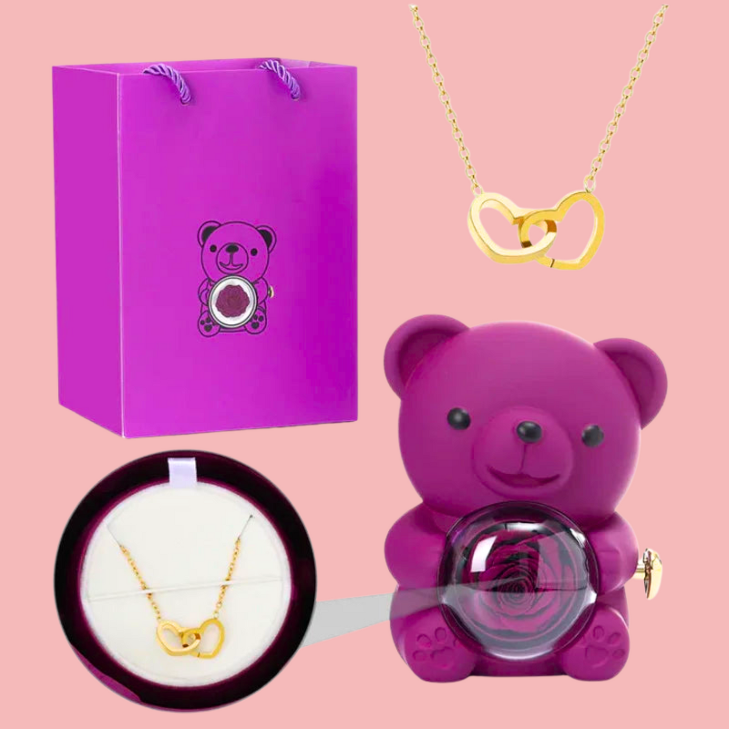 Forever Rose Bear W/Promise Heart Necklace