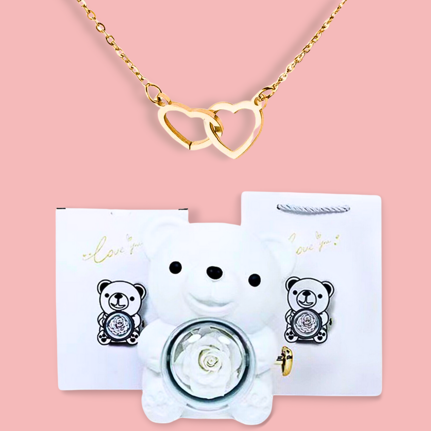 Forever Rose Bear W/Promise Heart Necklace